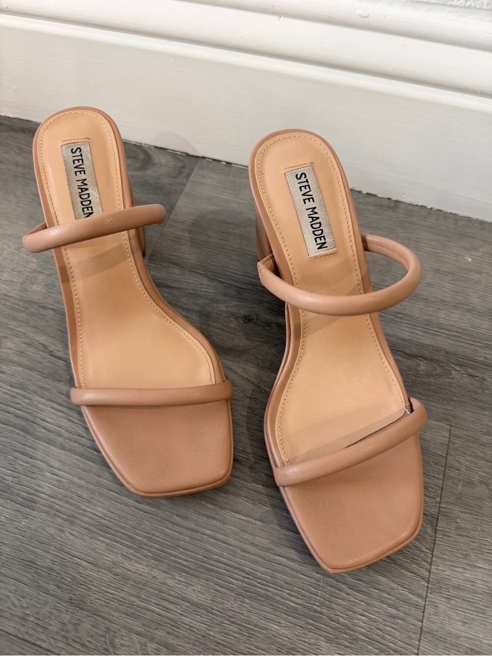 Steve Madden Tan Double-Strap Square-Toe Heeled Sandals